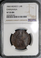 1860 NGC VF 35 Mexico Chihuahua 1/4 Real Un Quarto Seated Liberty Coin (20070502R)