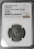 1866 NGC VG 8 Mexico Durango 1/4 Real Quarto Quartilla State Coin (22120402C)