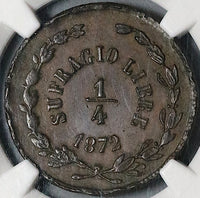 1872 NGC AU 55 Durango 1/4 Real Mexico State Quarto Quartilla Coin (23041002C)