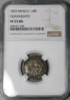 1829 NGC VF 25 Mexico 1/8 Real Guanajuato Un Octavo State Coin POP 2/0 (22090801C)