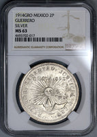 1914 NGC MS 63 Guerrero 2 Pesos Silver Gold Mexico Revolution Coin (18062001C)