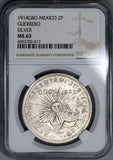 1914 NGC MS 63 Guerrero 2 Pesos Silver Gold Mexico Revolution Coin (18062001C)