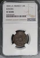 1834 NGC VF 30 Sonora 1/4 Real Mexico State Rare Una Quart Coin POP 1/0 (20072902C)
