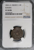 1834 NGC VF 30 Sonora 1/4 Real Mexico State Rare Una Quart Coin POP 1/0 (20072902C)