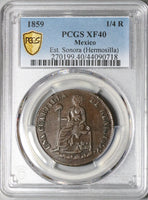 1859 PCGS XF 40 Hermosillo Sonora Mexico 1/4 Real Cuartilla Copper Seated Liberty Coin POP 1/0 (22042201C)