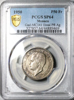1950 PCGS SP 64 Monaco Piedfort Essai 50 Francs Silver Rainier Specimen Coin (22091301C)