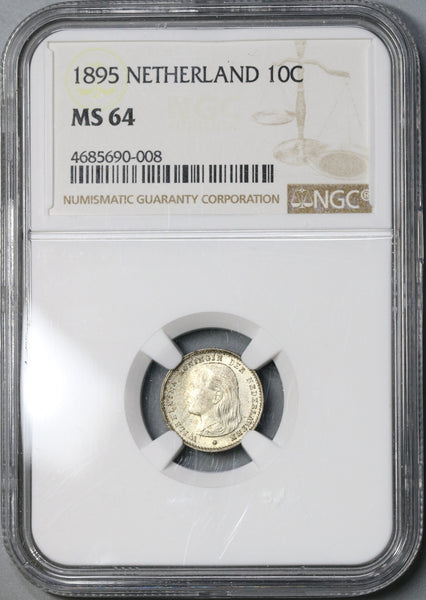 1895 NGC MS 64 Netherlands 10 Cents Key Wilhelmina Silver Coin