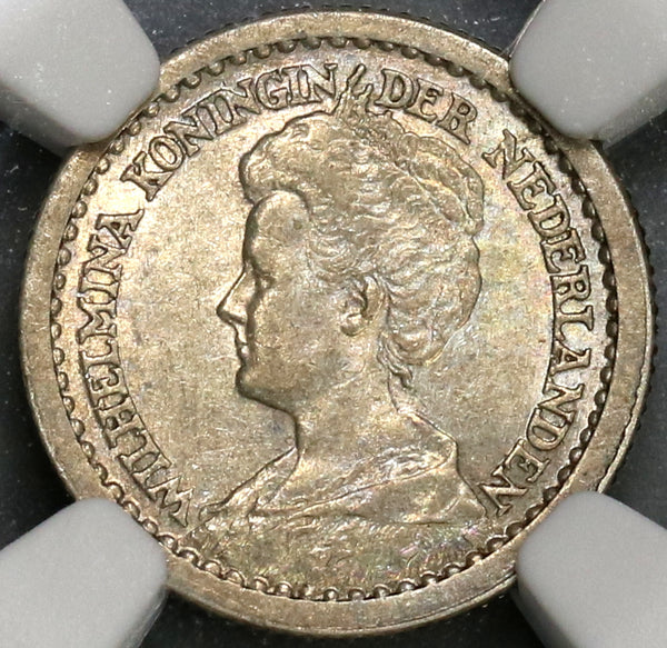 1910 NGC AU 58 Netherlands 10 Cents Queen Wilhelmina Silver Coin (19082602C)