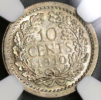 1910 NGC AU 58 Netherlands 10 Cents Queen Wilhelmina Silver Coin (19082602C)