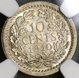 1910 NGC AU 58 Netherlands 10 Cents Queen Wilhelmina Silver Coin (19082602C)