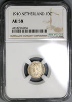 1910 NGC AU 58 Netherlands 10 Cents Queen Wilhelmina Silver Coin (19082602C)