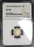 1910 NGC AU 58 Netherlands 10 Cents Queen Wilhelmina Silver Coin (19082602C)