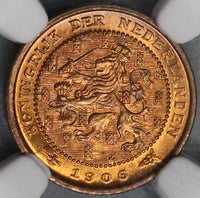 1906 NGC MS 65 Netherlands 1/2 Cent Coin Nearly Full RED (18090606C)