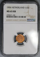 1906 NGC MS 65 Netherlands 1/2 Cent Coin Nearly Full RED (18090606C)