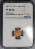 1906 NGC MS 65 Netherlands 1/2 Cent Coin Nearly Full RED (18090606C)