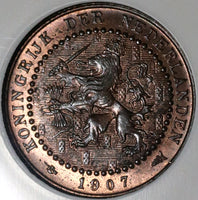 1907 NGC MS 64 RB Netherlands 1 Cent Key Date Coin Queen Wilhelmina POP 1/0 (20061501C)