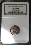 1907 NGC MS 64 RB Netherlands 1 Cent Key Date Coin Queen Wilhelmina POP 1/0 (20061501C)