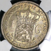 1911 NGC AU 53 Netherlands 1 Gulden Wilhelmina Silver Coin (21091101C)
