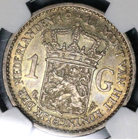 1911 NGC AU 53 Netherlands 1 Gulden Wilhelmina Silver Coin (21091101C)
