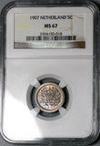 1907 NGC MS 67 Netherlands 5 Cents Wilhelmina Mint State Coin (23031702C)
