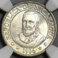 1936 NGC MS 64 Nicaragua Silver 10 Centavos Volcanos Sun Cordoba Coin (21031601C)