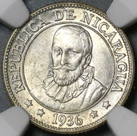 1936 NGC MS 64 Nicaragua Silver 10 Centavos Volcanos Sun Cordoba Coin (21031601C)