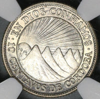 1936 NGC MS 64 Nicaragua Silver 10 Centavos Volcanos Sun Cordoba Coin (21031601C)