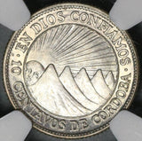 1936 NGC MS 64 Nicaragua Silver 10 Centavos Volcanos Sun Cordoba Coin (21031601C)