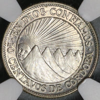 1936 NGC MS 64 Nicaragua Silver 10 Centavos Volcanos Sun Cordoba Coin (21031601C)