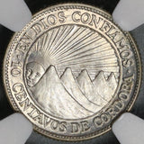 1936 NGC MS 64 Nicaragua Silver 10 Centavos Volcanos Sun Cordoba Coin (21031601C)