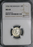 1936 NGC MS 64 Nicaragua Silver 10 Centavos Volcanos Sun Cordoba Coin (21031601C)