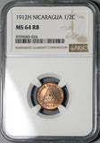 1912-H NGC MS 64 RB Nicaragua 1/2 Centavo Volcanos Coin POP 2/1 (21040403D)
