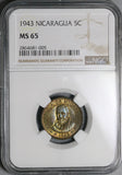 1943 NGC MS 65 Nicaragua 5 Centavos Volcanos Cordoba Coin POP 5/1 (22032603C)