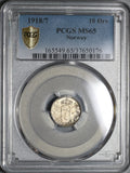 1918/7 PCGS MS 65 Norway 10 Ore Haakon VII Silver Coin POP 1/0 (21050901C)