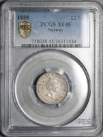 1855 PCGS XF 45 Norway 12 Skilling Oscar I Silver Coin POP 2/0 (21062101C)