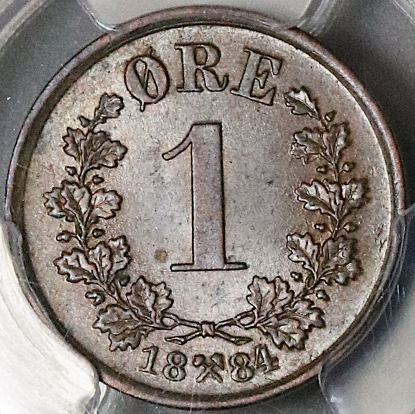 1884 PCGS MS 64 Norway 1 Ore Mint State Oscar II Coin POP 2/0 (22051101C)