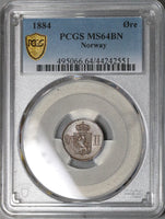 1884 PCGS MS 64 Norway 1 Ore Mint State Oscar II Coin POP 2/0 (22051101C)