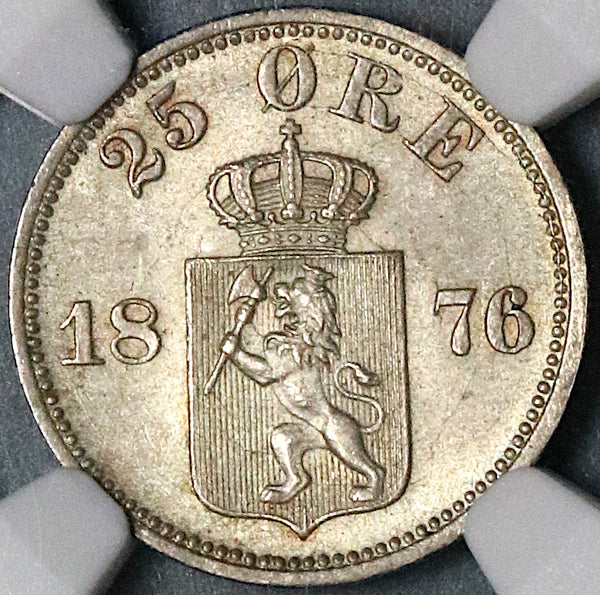 1876 NGC MS 65 Norway 25 Ore Oscar II Silver Kongsberg Mint