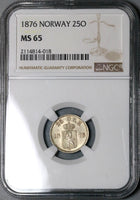 1876 NGC MS 65 Norway 25 Ore Oscar II Silver Kongsberg Mint Coin (22022503C)