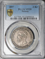 1897 PCGS VF 35 Norway 2 Kroner Silver Oscar II Coin Rare 50,000 Minted POP 1/0 (20120601D)