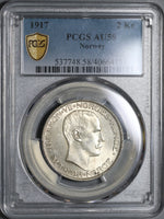 1917 PCGS AU 58 Norway 2 Kroner Silver Haakon VII Last Year Coin (21051001C)