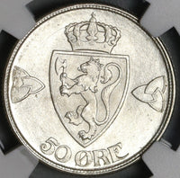 1919 NGC MS 65 Norway Silver 50 Ore Haakon VII Coin Pop 3/0 (21011002C)