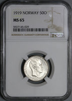 1919 NGC MS 65 Norway Silver 50 Ore Haakon VII Coin Pop 3/0 (21011002C)