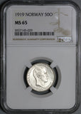 1919 NGC MS 65 Norway Silver 50 Ore Haakon VII Coin Pop 3/0 (21011002C)