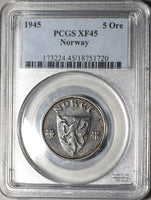 1945 PCGS XF 45 Norway 5 Ore Key Date Iron Haakon VII Coin (20010802C)