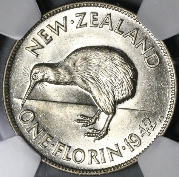 1942 NGC AU 58 New Zealand Silver Florin Kiwi Bird Key Date Coin (21021806C)
