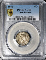 1942 PCGS AU 58 New Zealand Silver 6 Pence Huia Bird Key Date Coin (21021805C)