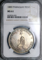 1889 NGC MS 61 Paraguay Peso Lion Liberty Cap Silver Crown Coin (22022301C)