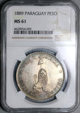 1889 NGC MS 61 Paraguay Peso Lion Liberty Cap Silver Crown Coin (22022301C)