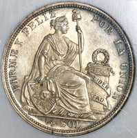 1908/7 NGC MS 62 Peru 1/2 Sol Silver Seated Liberty Rare 30k Coin (21032103D)